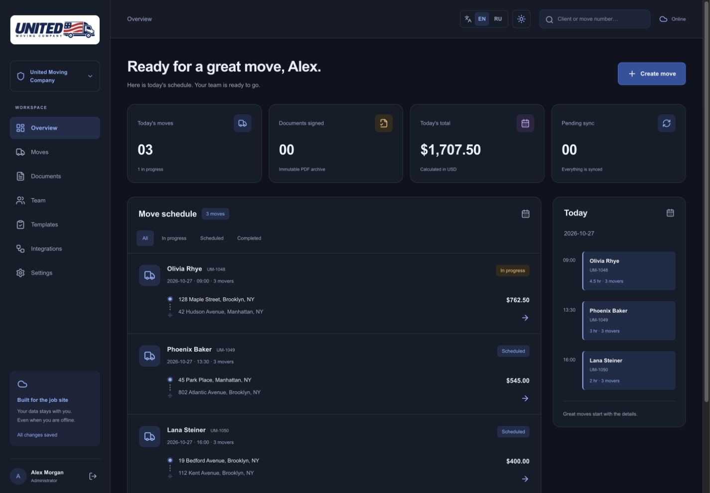 United Moving Company — Desktop · Dark theme
