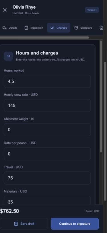 United Moving Company — Mobile · Dark theme · Charges