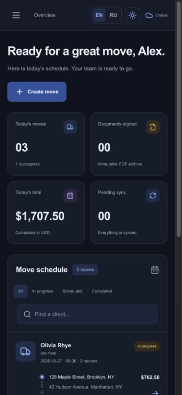 United Moving Company — Mobile · Dark theme · Overview