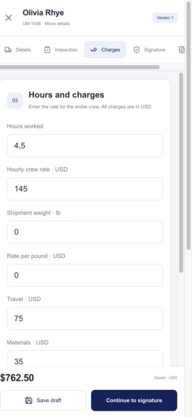 United Moving Company — Mobile · Light theme · Charges
