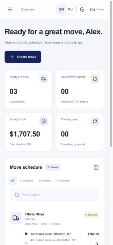 United Moving Company — Mobile · Light theme · Overview